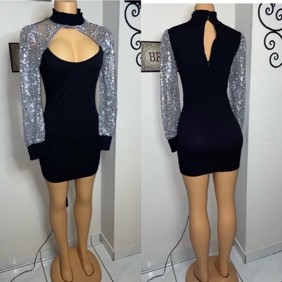 Max + Ash Sequin Silver Long Sleave Black Dress. Size S. Never Worn - Picture 1 of 7